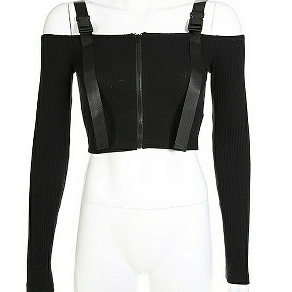 Black Cold Shoulder Ribbed Knitted Crop Top Long Sleeve Streetwear - Picture 9 of 15